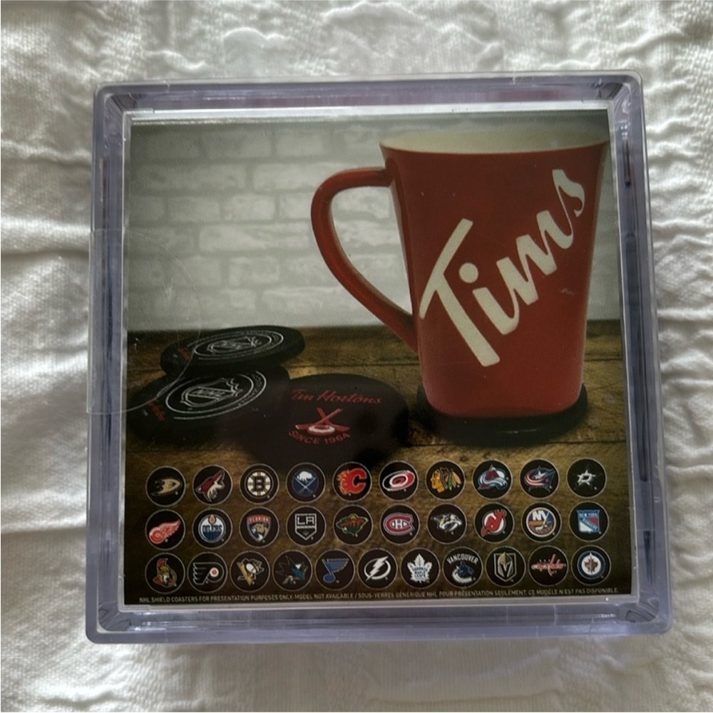 TIM HORTONS COFFEE x VANCOUVER CANUCKS NHL HOCKEY PUCK Coaster set 4 pack 2018